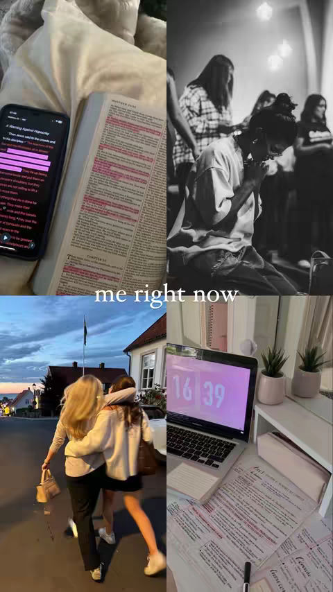A collage-style image divided into four sections. Top left is a close-up of a phone displaying text from the Bible and a white blanket it is resting on. Top right is a monochrome image of people in a church setting. Bottom left is a shot of two women walking on a street. Bottom right is a laptop and study materials on a desk. The text overlay 'me right now' is across the image.
