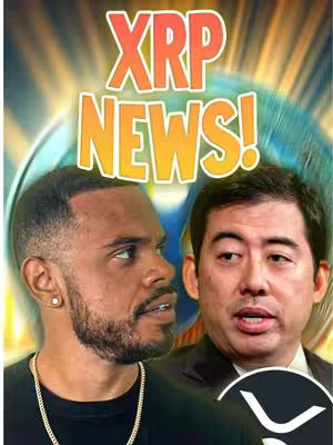 The image is a promotional graphic for XRP, with stylized text overlayed. Two men appear in the image. On the left, a man with a beard and a gold chain looks to the right. On the right, a man in a suit jacket looks forward. A graphic of a globe and logo is inserted in the background.