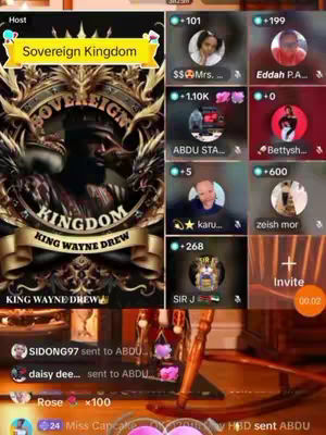 The image is a promotional graphic for a live-streaming event, with a central emblem featuring a silhouetted figure, possibly a person. The design incorporates gold and black colors with ornamental flourishes, and text elements. On the right side, there is an interface showing real-time user interactions.