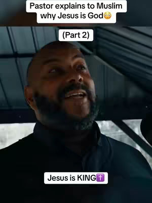 A man with a bald head and a dark beard looks upwards with a slight smile, against a blurred background. Text overlays include phrases about Jesus and a discussion with Muslims.
