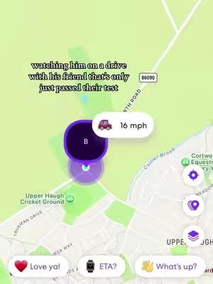 A Life360 app screen shot showing a map with a highlighted location, a speed indicator, and text overlay describing the event.