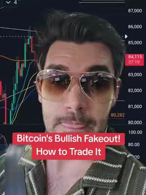 The cover image shows a man wearing gold-rimmed aviator sunglasses and a patterned shirt. The background features a cryptocurrency trading chart, with lines for performance over time and numerical data. A red text box at the bottom contains the video's title. The overall composition is a medium shot with the man's face taking up the central focus.