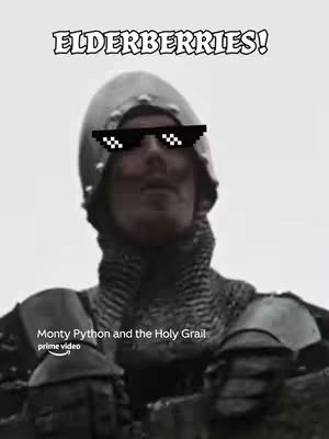 A still from the film "Monty Python and the Holy Grail". A man wearing a knight's helmet with pixelated sunglasses is the focus, with text above his head and a film logo at the bottom.