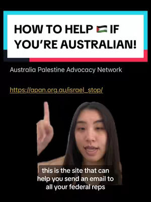 A woman with dark hair and a neutral expression is pointing upwards with her index finger. Above her is a text overlay in white font on a teal rectangular background that reads: “HOW TO HELP IF YOU'RE AUSTRALIAN!” The image has a black background. Below the banner, which includes an upside down Palestinian flag on the right. Below that is the name of an organization and a linked URL.
