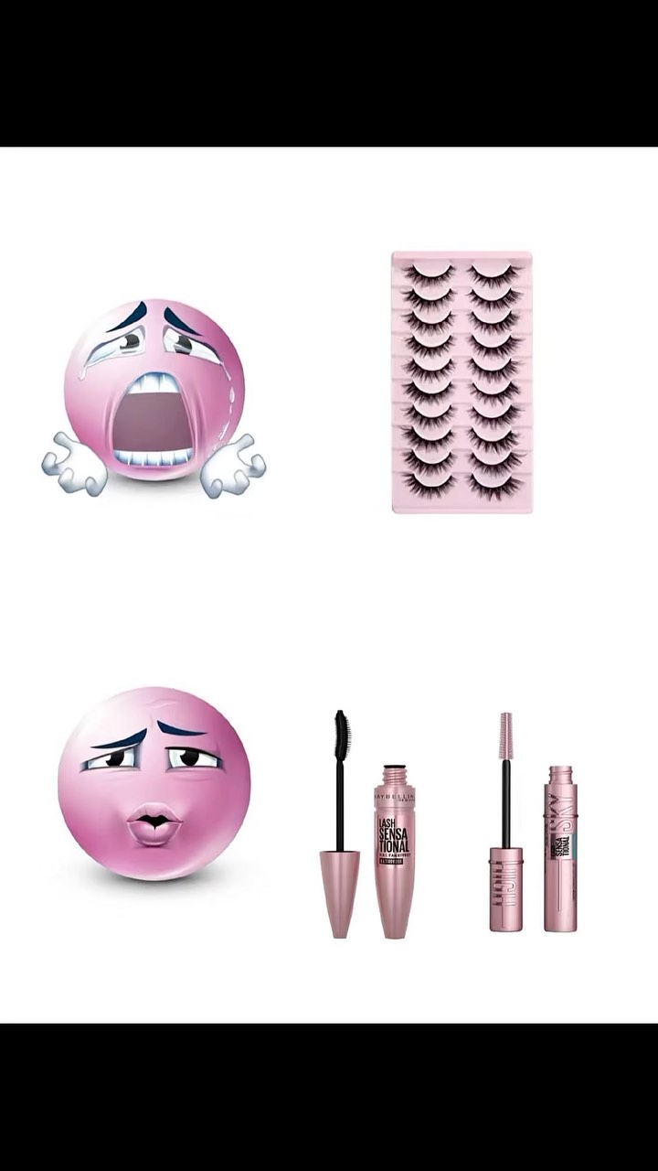The cover image is a collage with a black background. It features two pairs of emojis and beauty products. In the top left corner is a pink emoji crying with open mouth. To its right, there are rows of false eyelashes. At the bottom left, another pink emoji presents a kissing face. The right side shows mascaras.   