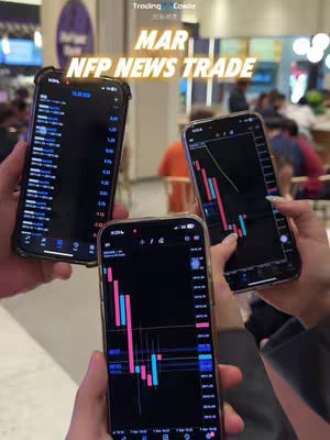 The cover image shows three smartphones held in hands, each displaying a chart of trading data from a financial trading app. The phones are positioned in a triangular arrangement, with the central phone pointed towards the viewer. The background is blurred, suggesting an indoor setting.