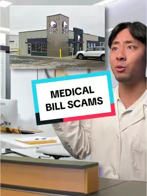 The cover image features a man in a lab coat on the right side, appearing to speak. Behind him, a superimposed image shows a Taco Bell restaurant, positioned above a rectangular graphic displaying the text 'MEDICAL BILL SCAMS' in a white, outlined font against a blue background with red borders. The background appears to be an office setting, with some equipment visible.