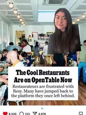 The cover image features a woman in the foreground, slightly right of center, in front of a restaurant scene. Below the woman is a text overlay with the title “The Cool Restaurants Are on OpenTable Now”, and further text with context.