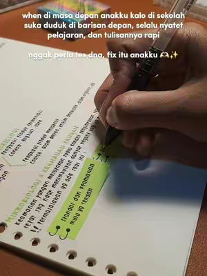 The image shows a person's hand writing on a notebook filled with notes related to biology and food safety. There is a highlighter for emphasis. The title text at the top says something about the kid always sitting in front of the class being the author's kid in the future.