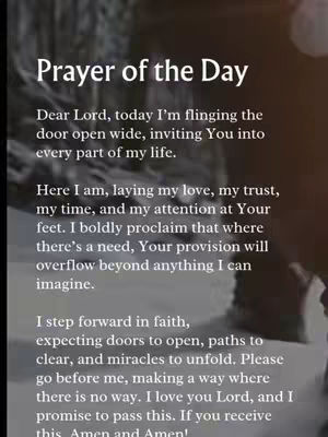 The cover image presents a vertical composition featuring text against a blurred, textured background. The text, a 'Prayer of the Day,' is prominently displayed in a bold, white font at the top of the image. Below, a substantial amount of body text in smaller white font relays a prayer, filling the majority of the image. The background seems to have a blurry texture that might be a natural element like wood or stone, providing a subtle contrast to the crisp white text. The overall layout is simple and direct, with the text taking center stage for emphasis.