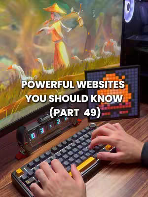 The cover image shows a desktop setup with a keyboard and monitor featuring a fantasy landscape. Overlayed text reads 'POWERFUL WEBSITES YOU SHOULD KNOW (PART 49)'. The overall composition is clean with a focus on tech and modern design.