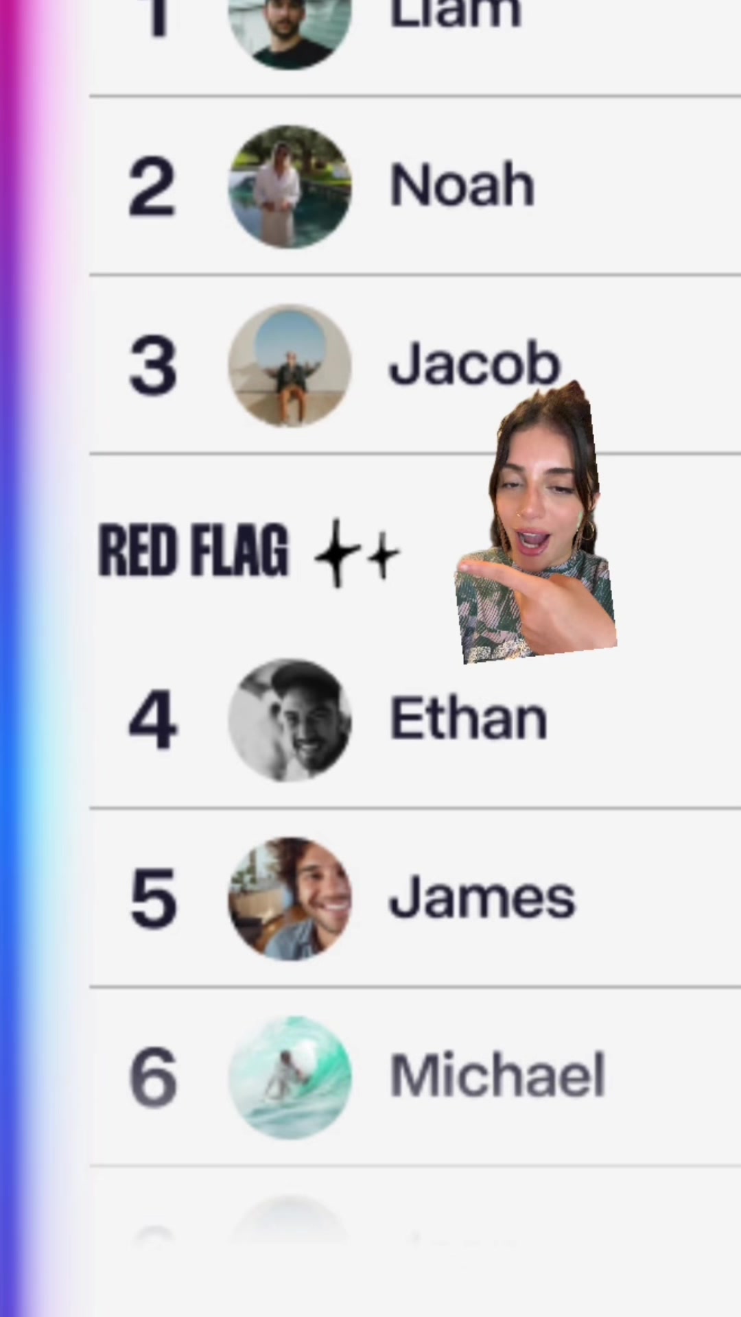 The cover image displays a screen listing names and profile pictures, with a smiling woman overlaid pointing to the words "RED FLAG." A gradient of blue and purple is on the left, adding a colorful touch.