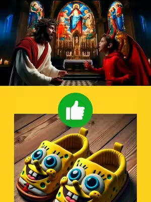 The image is a split view, featuring a scene of Jesus from the waist up on the left, in a church setting with stained glass windows. On the right, a figure with horns and a devilish appearance is included. Below this image, there's an overlay featuring a green circle that encompasses a thumbs-up emoji. The bottom part of the image includes a pair of yellow SpongeBob slippers on a wooden surface.