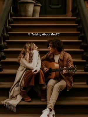 A warm, inviting image of a couple sitting on brown wooden steps. The woman, with long blonde hair, leans her head against the man's shoulder. The man is playing a guitar. Overhead, there's a text overlay that reads "Talking About God". The background features more steps and some neutral-colored pots.