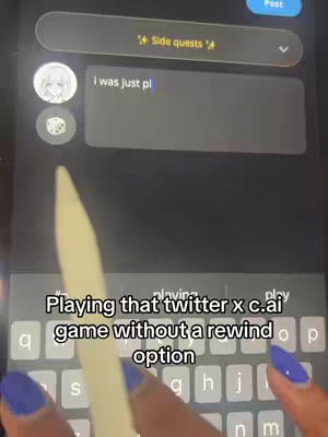 A person with blue nails is holding a tablet. The screen shows a C.AI chat format with a profile picture. The image is centered on a tablet with a virtual keyboard at the bottom and the person’s hand with blue nail polish.