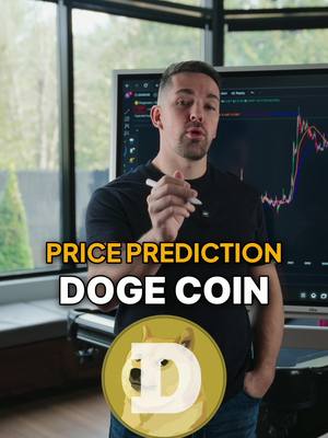 A man stands in front of a large screen displaying a stock chart. Overlayed on the image are the words "PRICE PREDICTION DOGE COIN" in a yellow and white font. Below this is a circular graphic of the Dogecoin logo. The man holds a pen, gesturing towards the screen with a confident expression.