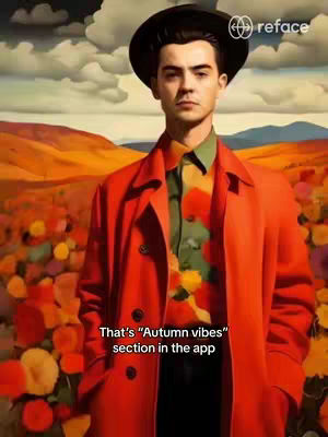 The cover image shows a man dressed in autumnal attire, against a backdrop of an orange and yellow flower field, with a landscape under a cloudy sky. The man is at the center, wearing a black hat, red coat, and a colorful patterned shirt and tie. Text states, “That’s Autumn vibes section in the app”.