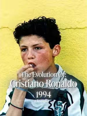 A young Cristiano Ronaldo is pictured in a close-up shot, eating something with a yellow background.