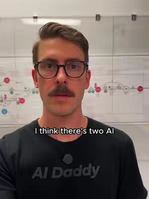 A man with glasses and a mustache is centered in the frame with text overlays that read, 'I think there's two AI' and 'Ai Daddy' on his shirt.