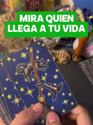 The cover image shows a hand holding a deck of tarot cards, with the top cards visible. The cards are illustrated with a dark blue starry night sky and the image has a green banner in the middle that says "MIRA QUIEN LLEGA A TU VIDA". The background shows some other objects like statues and other decorative elements.