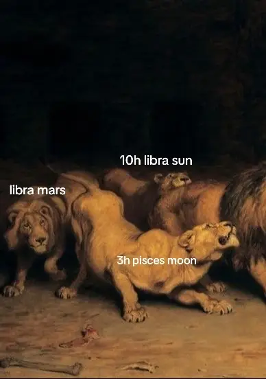 The image is a painting with a dark, textured background. In the foreground and middle ground, there are several lionesses in various poses. Some are crouched low, while others stand or turn. Text overlays identify astrological signs associated with the lions: "libra mars", "10h libra sun", and "3h pisces moon".