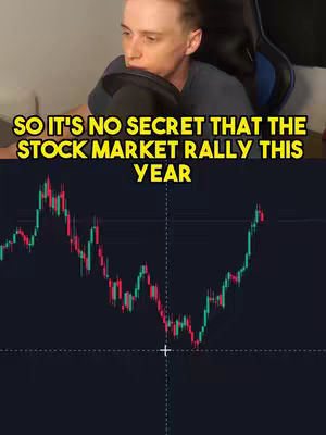 A split-screen image with a man in the top half and a stock market chart in the bottom half. The man, lit by natural light, looks towards a microphone. The chart shows a line graph with fluctuating green and red lines.