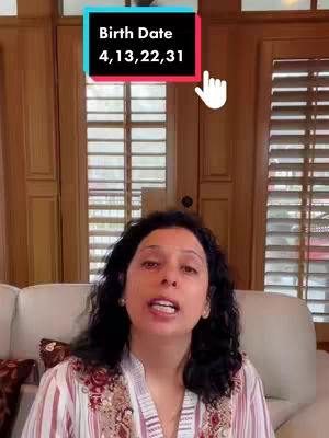 A woman with dark hair and a patterned top is seated on a cream-colored sofa, speaking towards the camera. Behind her, a wooden door is visible, and a text overlay displays 'Birth Date' with a list of numbers.