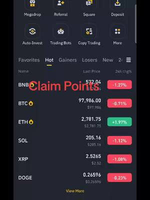 The image displays a screenshot of a Binance app interface. The app's layout includes a navigation bar at the top, followed by sections presenting cryptocurrency data, with the phrase "Claim Points" overlaid in red font.