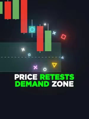 The image is a stylized graphic for a trading video. It features a dark background with a red and green candlestick chart overlaid on a turquoise rectangle. Various colored geometric shapes (squares, triangles, circles, crosses) float across the scene. The text overlay reads "PRICE RETESTS DEMAND ZONE" in white and green.