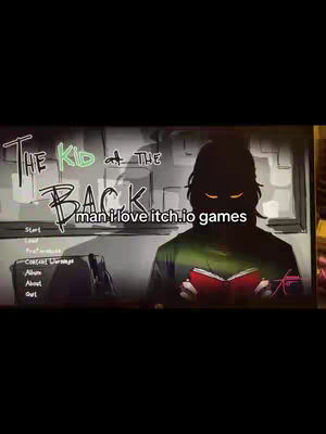 An image of a screen displaying a visual novel's menu with a silhouetted figure holding a book to the right. Text overlays include the game's title and the creator's message.