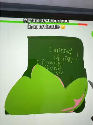 The cover image depicts a digital art scene. The foreground is dominated by a green, blob-like shape with pink highlights, possibly meant to resemble a head or a character. Behind this, a dark green rectangle contains handwritten text in white, with the message referencing an art battle and a stalker. The background is a light, off-white color. The overall layout is simple, conveying a slightly edgy or unfinished aesthetic typical of digital art.