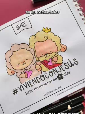 A colorful illustration on a white background shows two cartoon lambs hugging. The lambs are tan in color and have blushing cheeks, and the one on the right has a crown and a red sash. The text overlay includes '#VIVIENDOCONJESÚS' in large stylized letters, the website 'BestiJournal.com', and the words 'Reto devocional de 5 días'. A few markers are visible at the bottom of the image.