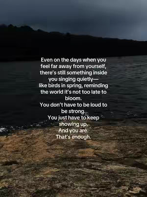 An image featuring a serene landscape with water and a dark, overcast sky. In the foreground is a rocky, textured surface. Overlayed on the image is a block of white text containing an inspirational quote. The text is centered and easy to read.
