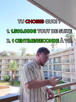 A man stands on a balcony, holding a phone. Text overlays the image, asking a question with two options.