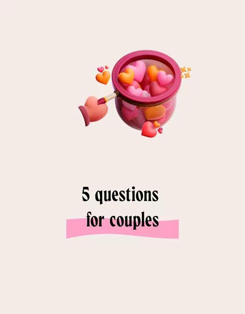 The image is an eye-level illustration on a pale beige backdrop. A net filled with pink and orange 3D-modeled hearts is prominent near the top, angled from right to left. The net has a pink rim and a light-colored handle, appearing to hold multiple hearts of varying sizes and shades of pink and orange. The text "5 questions for couples" is featured centrally on the lower portion of the image. It is presented in bold, black, stylized text, with the phrase "for couples" placed atop a pink horizontal bar.