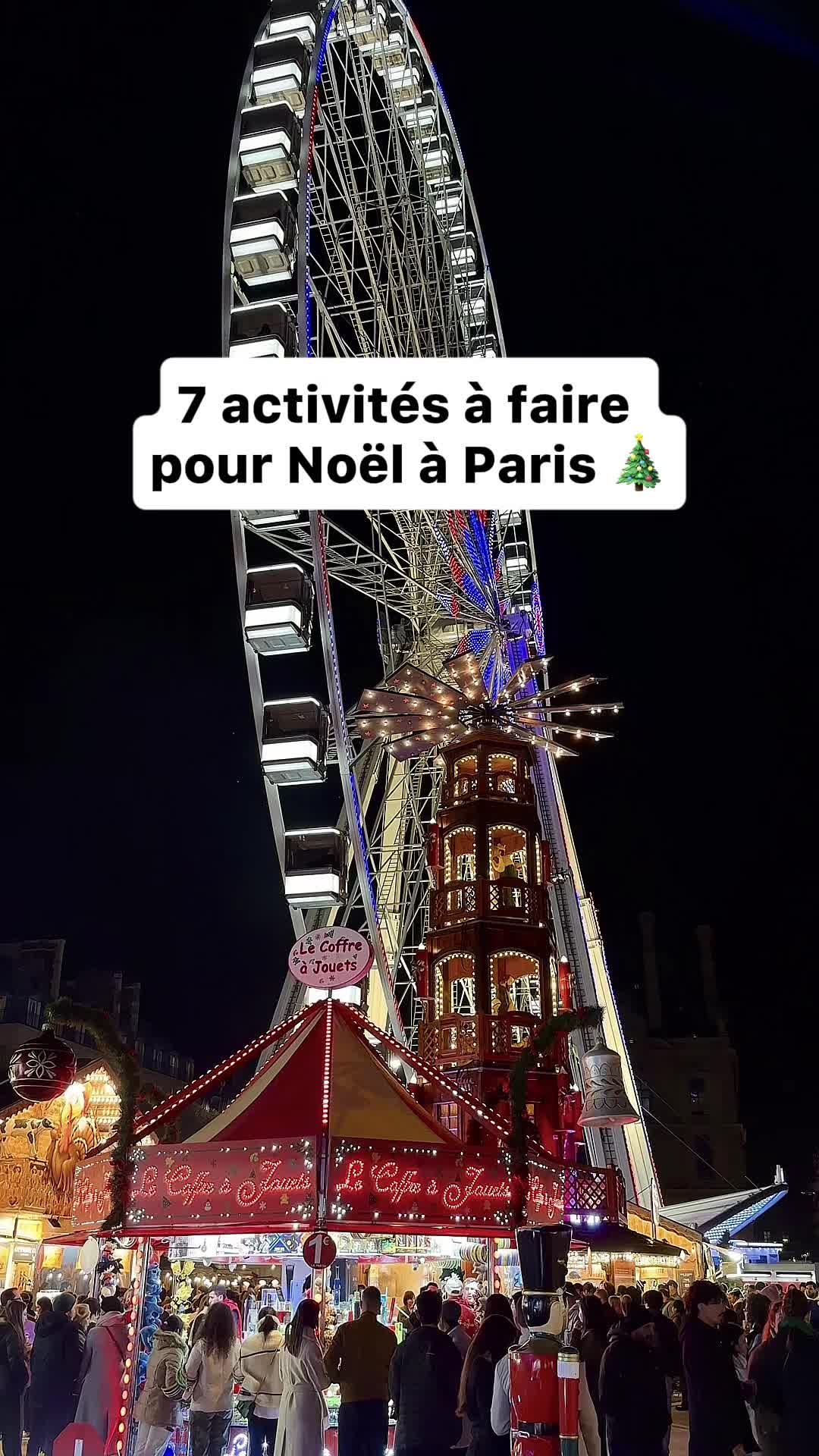 A night shot of a Christmas market featuring a large Ferris wheel and a carousel brightly lit with colorful lights. The sky is dark, and the image is vertical. A text overlay in a white box presents the video's topic.