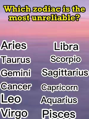 A visual with a gradient background of purplish colors. In the center is a question: "Which zodiac is the most unreliable?" Below the question are the zodiac signs listed: Aries, Taurus, Gemini, Cancer, Leo, Virgo on the left and Libra, Scorpio, Sagittarius, Capricorn, Aquarius and Pisces on the right.