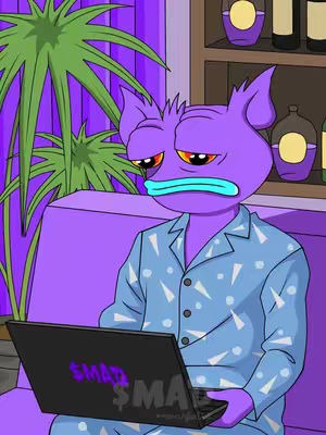 An animated cartoon image of a sad, purple creature sitting on a purple couch and looking at a closed laptop. The laptop screen has the text '$MAD' in the lower-left corner in what appears to be a bold, white font, and on the lower-middle '$MA'. The creature is wearing a blue pajama shirt with white spots. To the left is a background of a tall green plant. The background is purple. On the right side with a variety of bottles on the shelf.