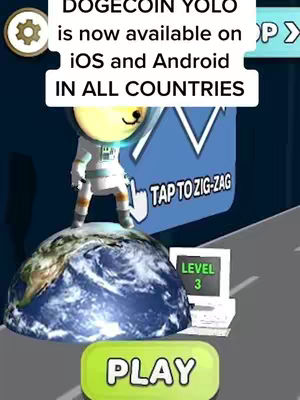 The cover image features an astronaut-like character, depicted as a stylized doge, standing on a globe representing Earth. The character is in front a sign that the text is indicating the availability of the Dogecoin YOLO app. The background features a dark blue cosmic theme with a road.