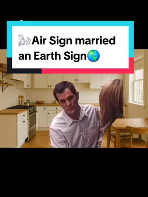 A man stands in a kitchen setting, holding a wig. Above him is a text overlay with the caption 'Air Sign married an Earth Sign' along with an earth emoji.