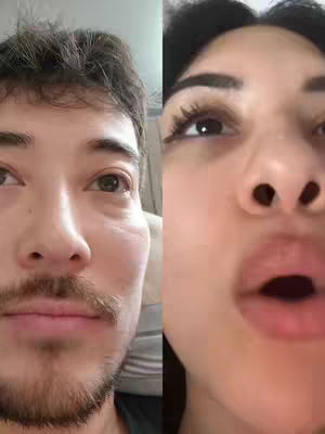 The image is a split screen selfie. On the left half is a close-up of a man's face. He looks slightly up and to the left. His hair is messy. He has a beard and mustache. On the right half is a close-up of a woman's face tilted backwards and looking up. Her mouth is open.