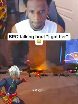 The cover image is a vertical split. The top half features a person, likely the creator, with a white shirt, facing the camera. The bottom half displays a video game scene with several characters. Text overlayed reads 'BRO talking bout "I got her"'. The colors are varied, with a focus on bright game graphics and the person's face.