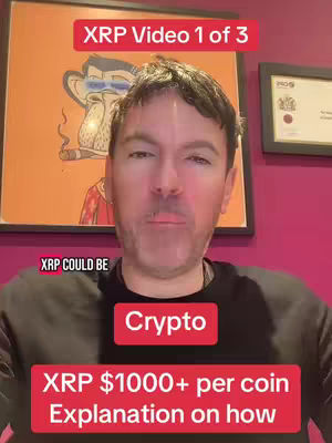 The cover image features a man in a black shirt against a background with a framed drawing of a monkey smoking a cigar. The top left corner displays 'XRP Video 1 of 3' and three red text boxes showing 'XRP COULD BE', 'Crypto', and 'XRP $1000+ per coin Explanation on how'. The man is looking towards the camera, and the overall composition is bright with primarily red and orange hues.