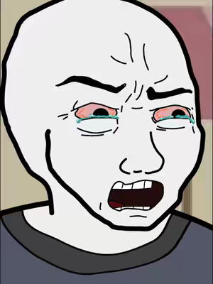 An animated image of a person with a large, white head against a beige background. The person's face has exaggerated features, including red, teary eyes, a furrowed brow, and an open mouth, suggesting distress. The person is wearing a dark gray colored T-shirt.