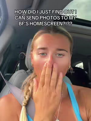 A woman is positioned in front of a car interior, with her hand held up in front of her mouth. Text overlays appear at the top.