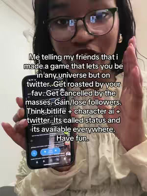 A selfie-style video shows a woman holding a smartphone with text overlayed. The woman is wearing glasses and has a candid expression, with a background that suggests an indoor setting.