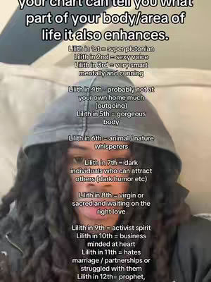 The cover image shows a close-up selfie of a person wearing a grey hoodie, with curly dark hair framing their face. The background is a soft, neutral color. The text overlay consists of a list of astrological interpretations, in a clean sans-serif font.