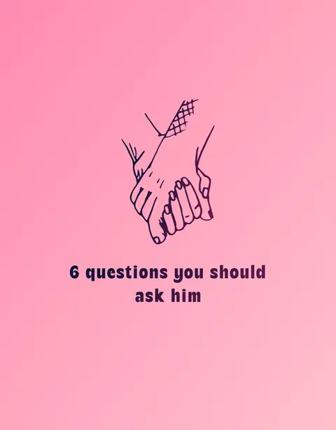 A pink gradient background with a line drawing of two hands holding each other near the top of the frame. Below the hands, there is text overlaid.