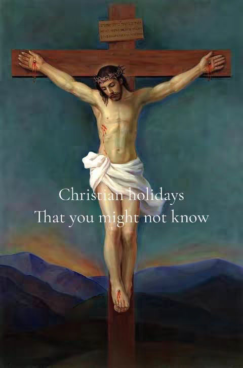 A painting depicts Jesus Christ crucified on a wooden cross, set against a backdrop of a dusky sky and a suggestion of rolling hills. Jesus is shown with a crown of thorns, wounds on his hands and feet, and a white cloth around his lower body. Text overlays the image, stating "Christian holidays" and "That you might not know."