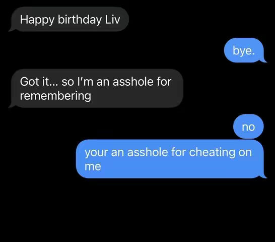 A screenshot of a text message conversation on a black background. The chat bubbles are colored, the first is grey and the second has a light blue color.